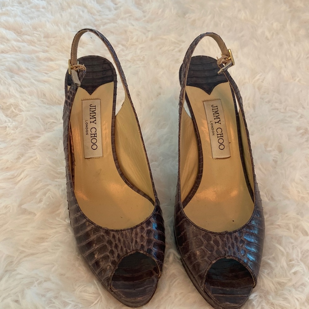 Jimmy Choo purple snake peep toe heels